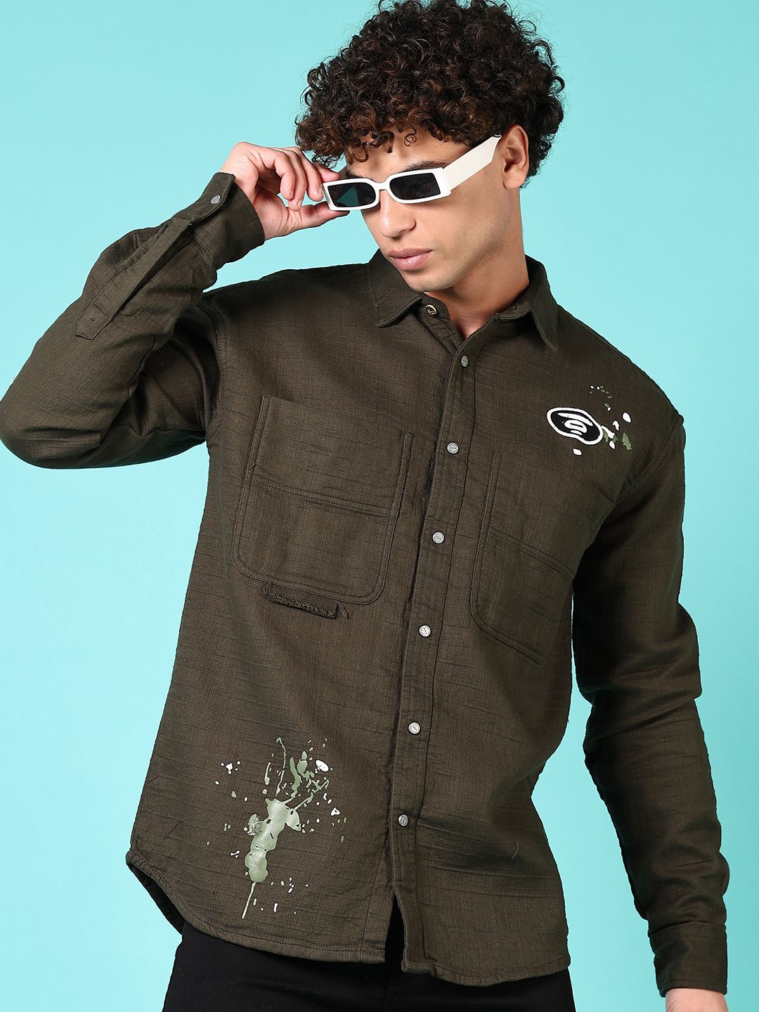 

V-Mart Men Spread Collar Abstract Printed Cotton Casual Shirt, Olive