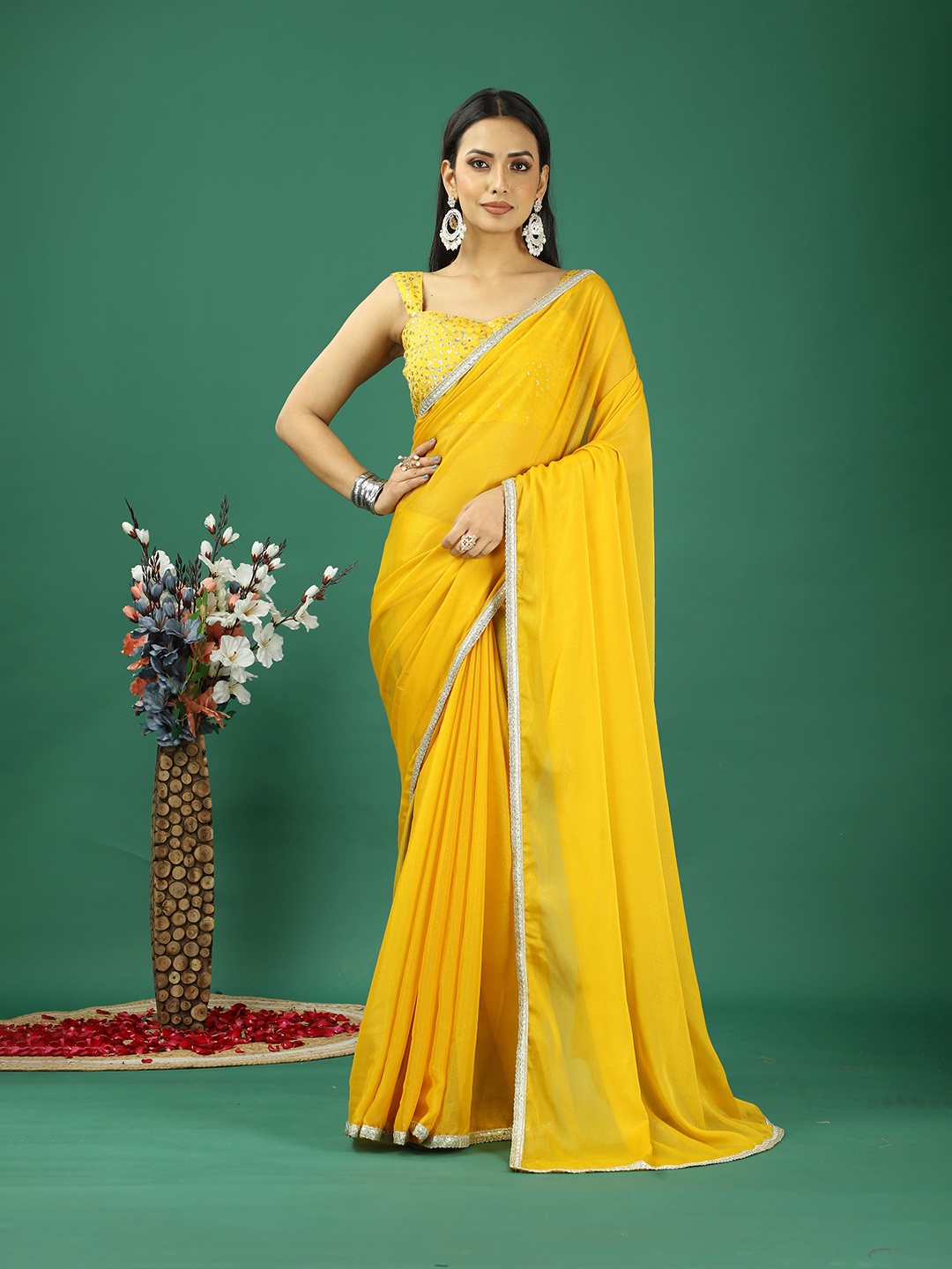 

HI FI NX Embroidered Satin Saree, Yellow