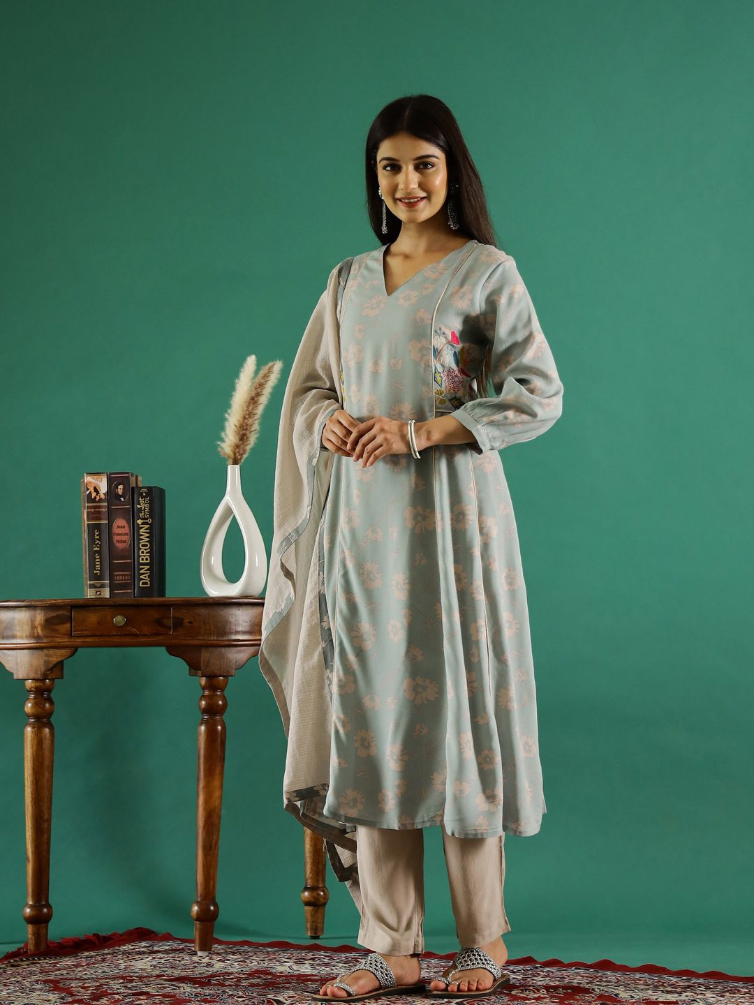 

RangDeep Floral Printed V-Neck A-Line Kurta With Trousers And Dupatta, Blue