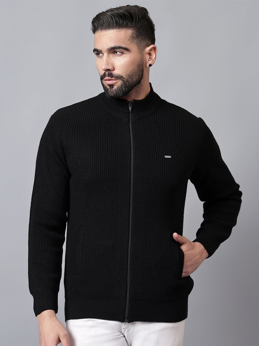 

Cantabil Men Mock Collar Ribbed Pullover, Black