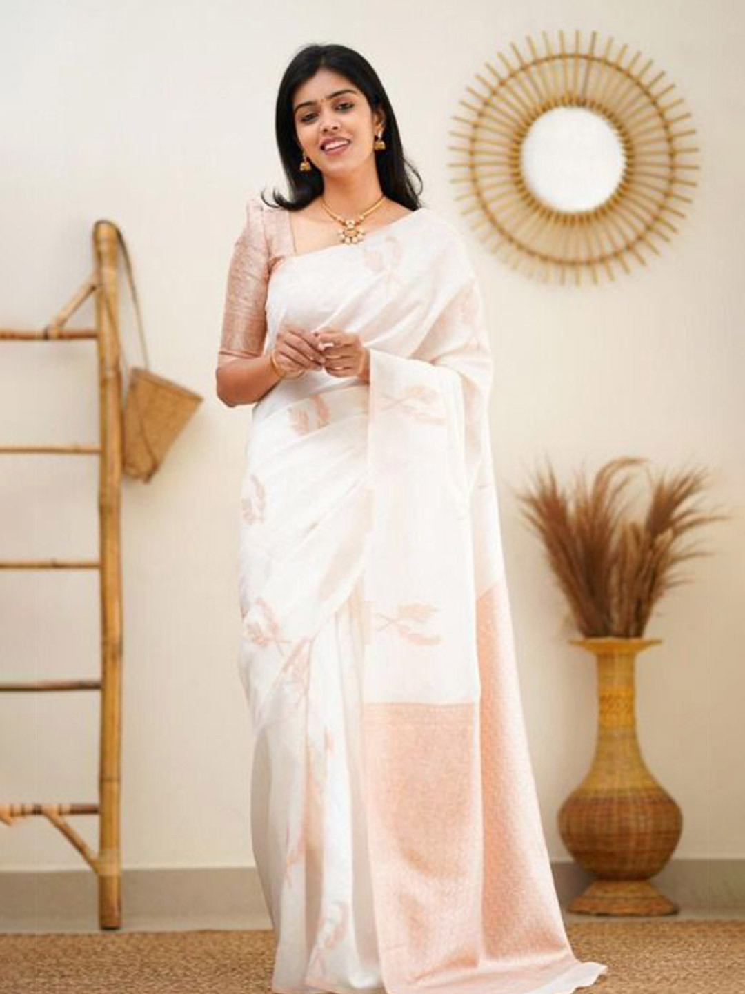 

Upalksh Ethnic Motifs Woven Design Zari Pure Silk Kanjeevaram Saree, White