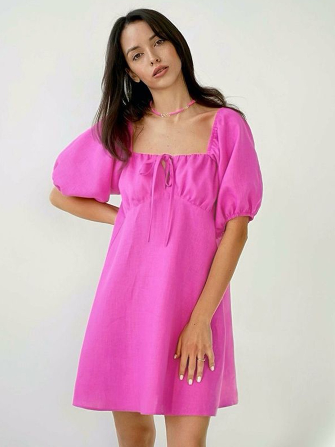 

LULU & SKY Women Square Neck Puff Sleeve Pure Cotton A-Line Dress, Pink