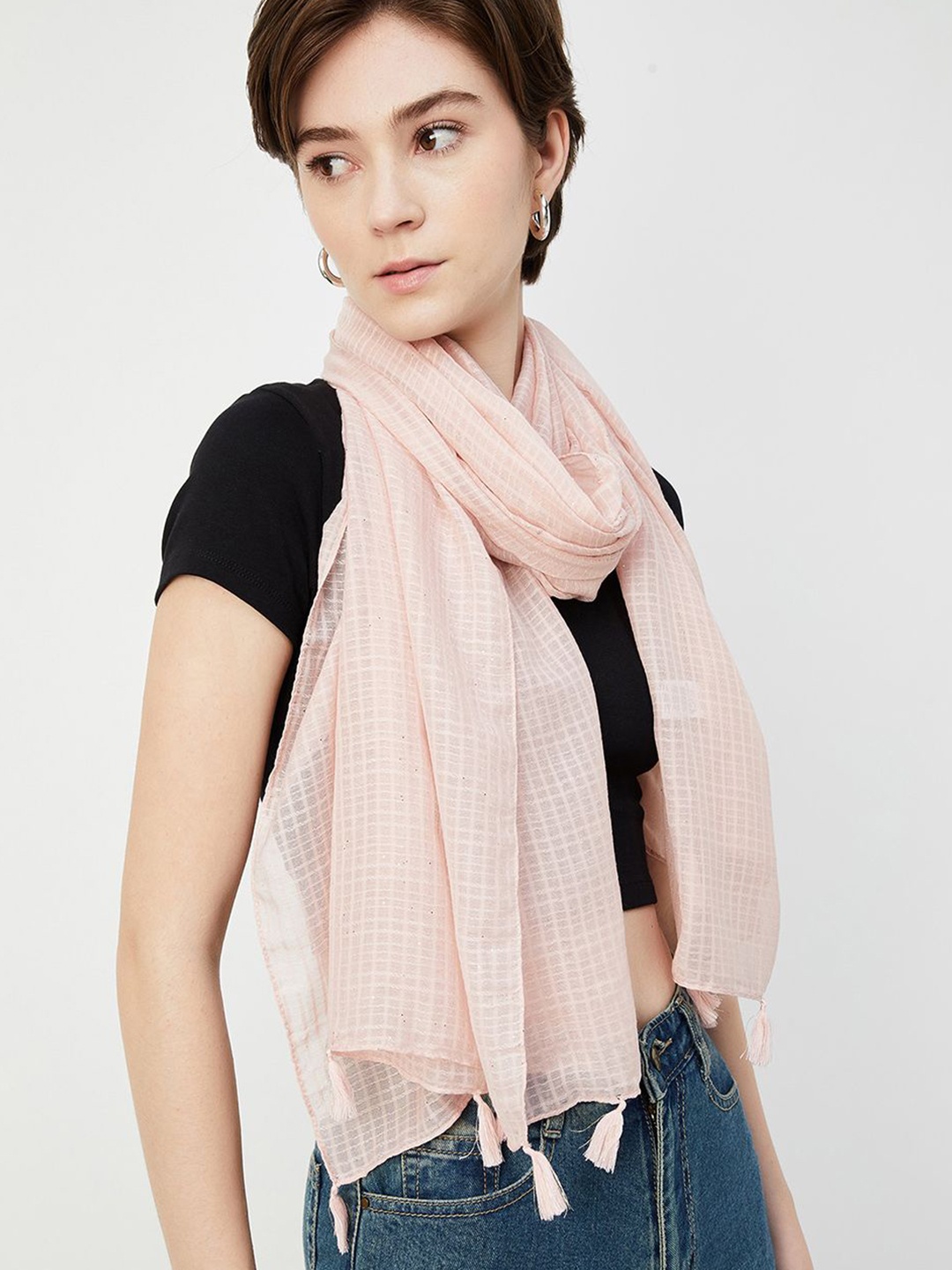 

max Women Checked Scarf With Tasselled Border, Peach