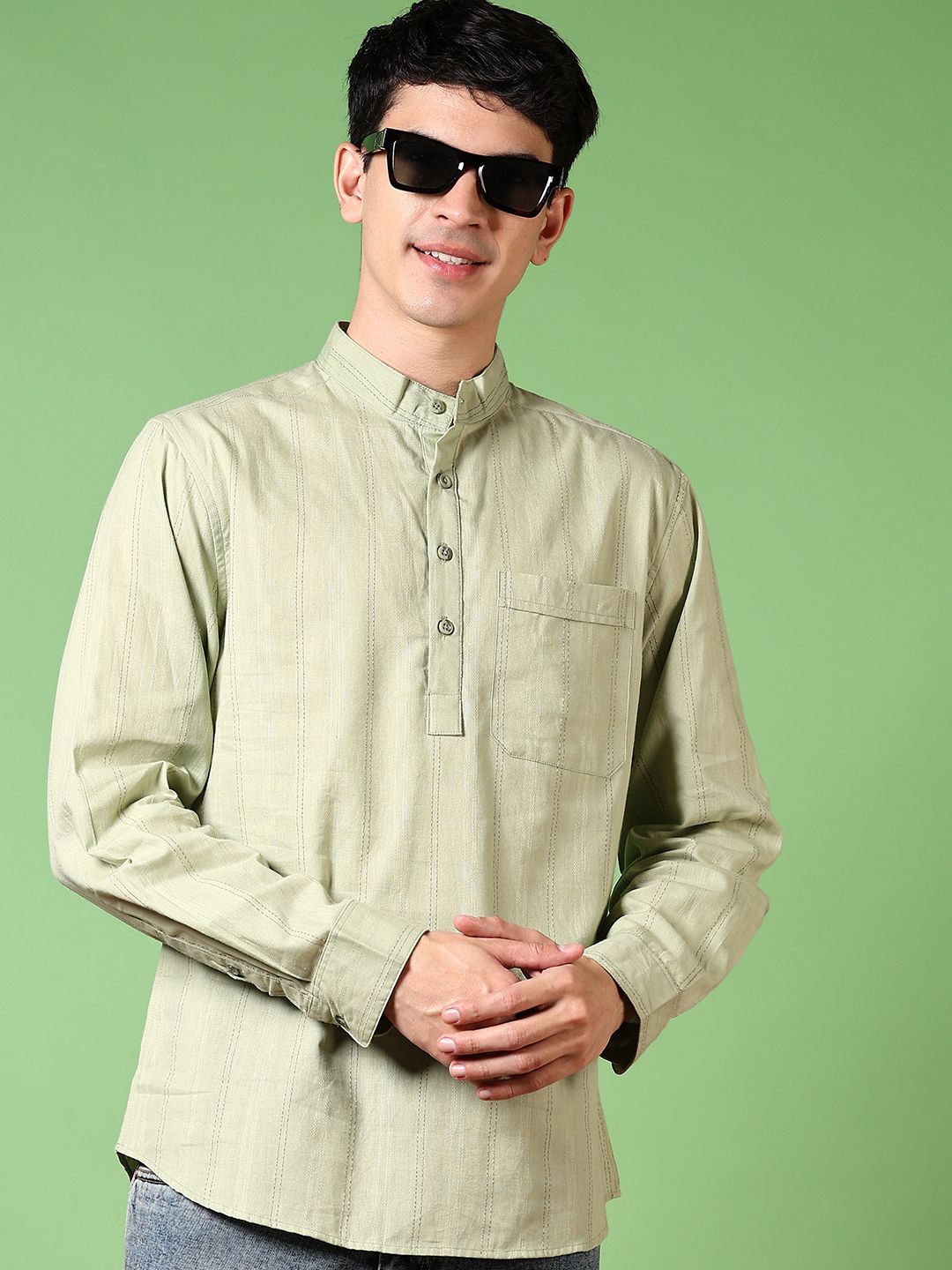 

V-Mart Men Mandarin Collar Solid Cotton Casual Shirt, Green