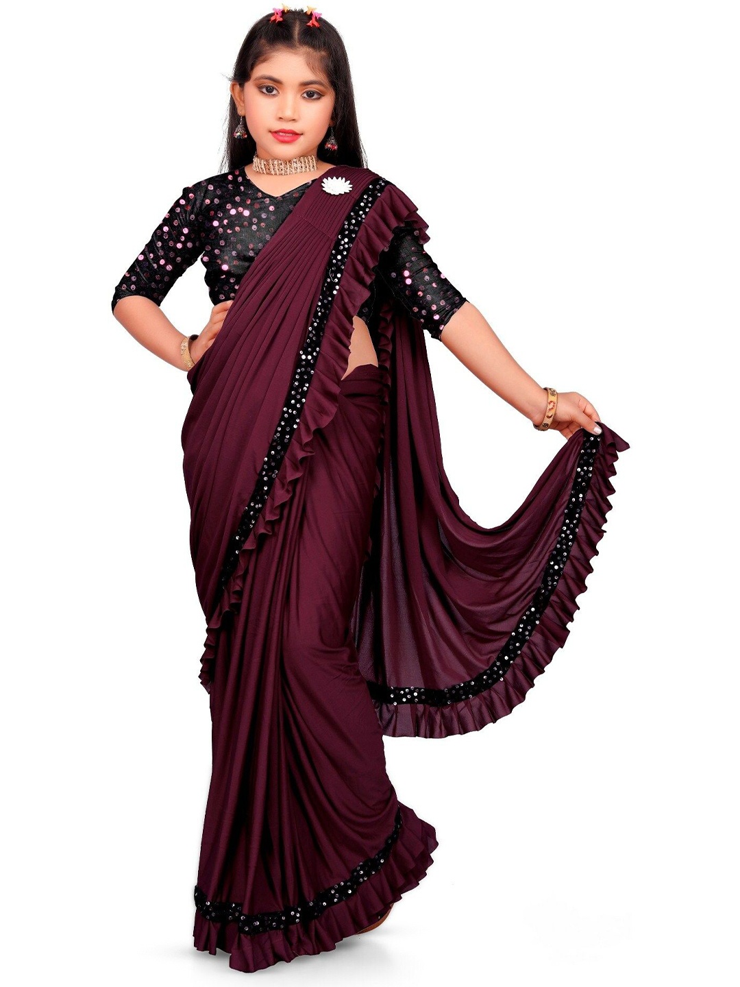 

Aika Girls Sequinned Pure Silk Ruffles Saree, Burgundy