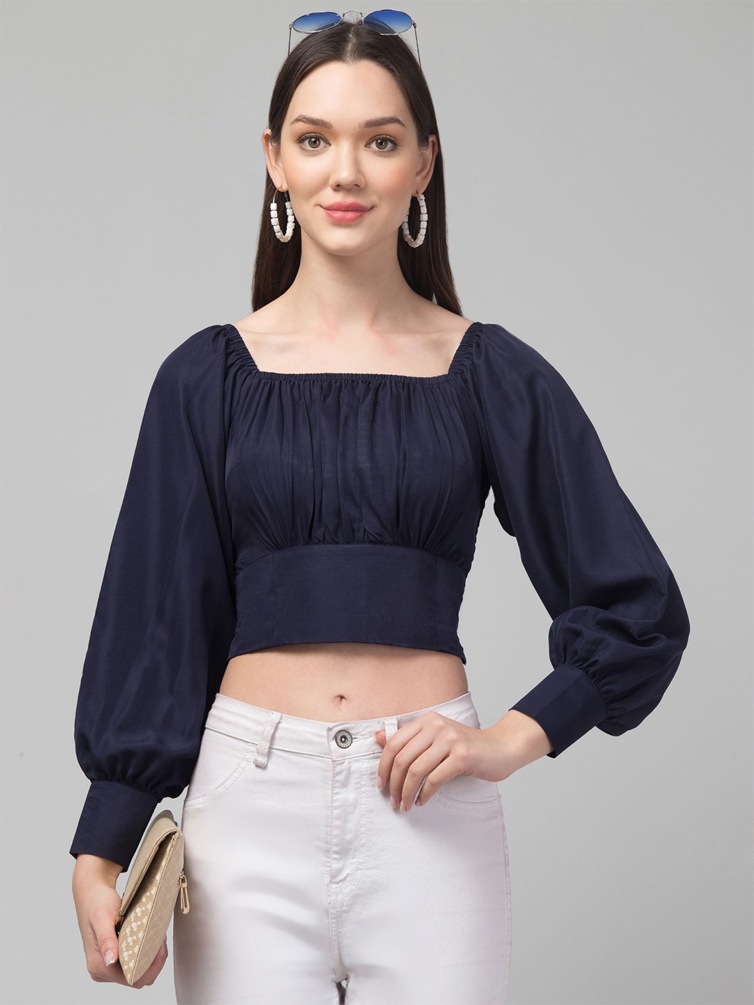 

CULPI Puff Sleeve Crepe Crop Top, Navy blue