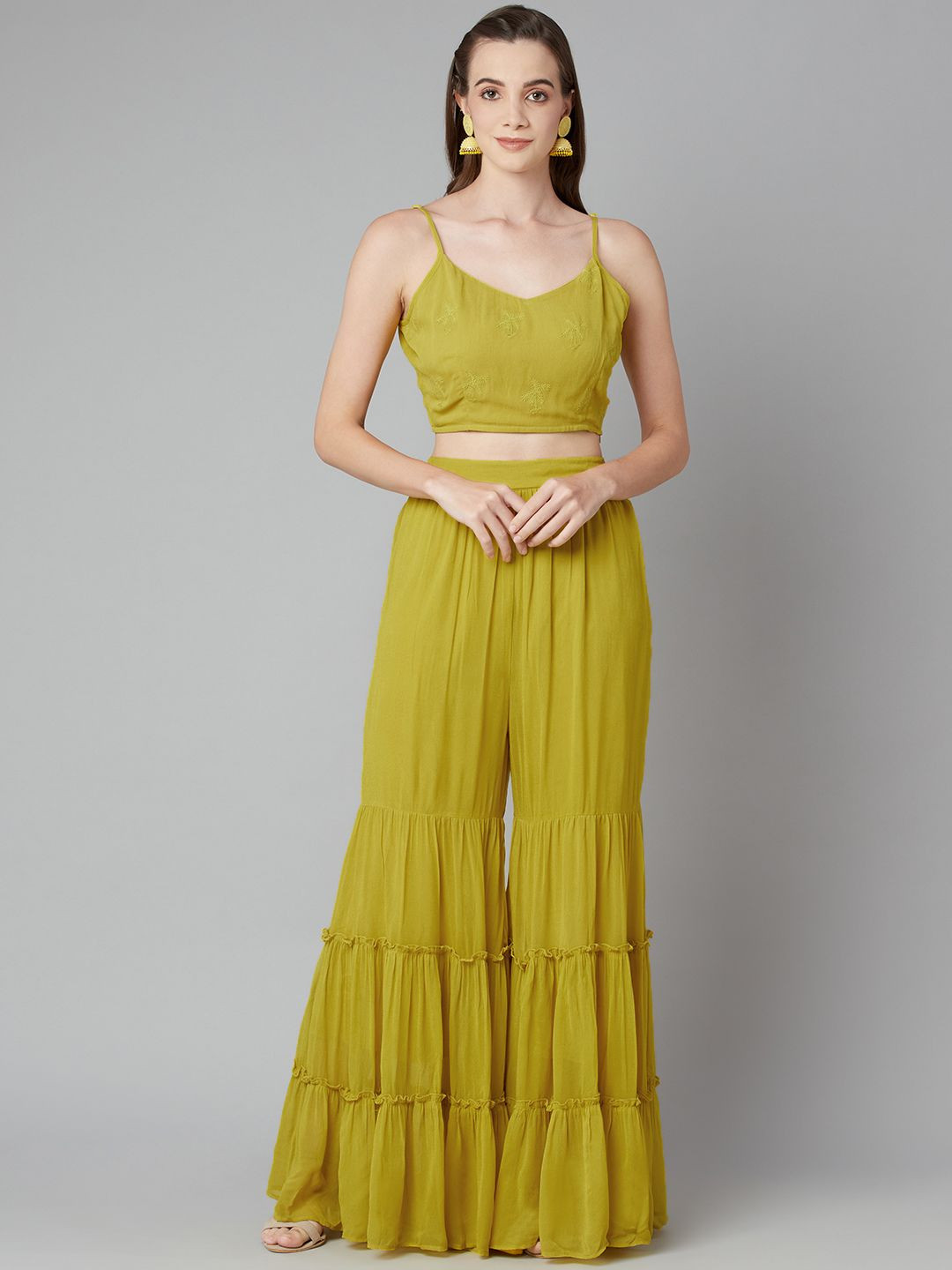

WESTCLO Floral Embroidered Shoulder Strap Crop Top With Sharara, Mustard