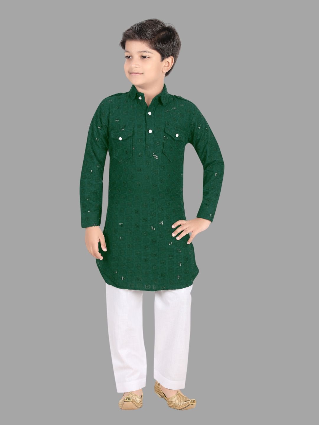 

BAESD Boys Geometric Printed Sequinned Straight Kurta With Pyjamas, Green