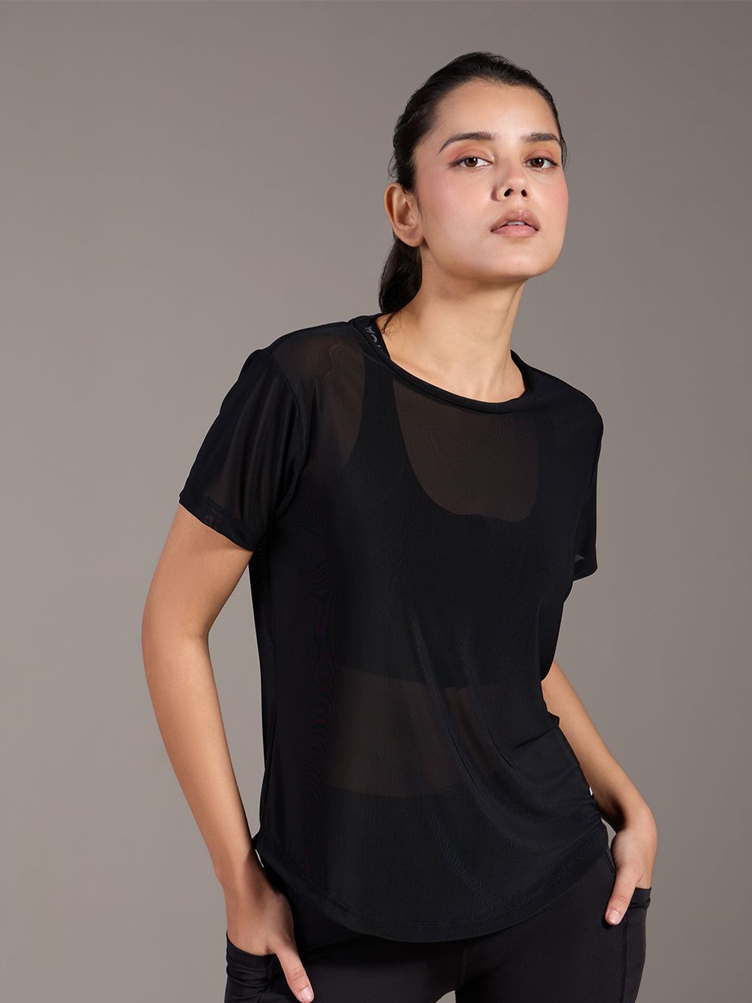 

KICA Women Round Neck Semi-Sheer Mesh Top, Black