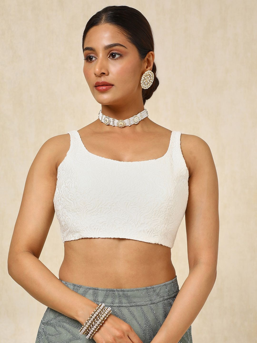 

Soch Embroidered Padded Saree Blouse With Thread Work, White