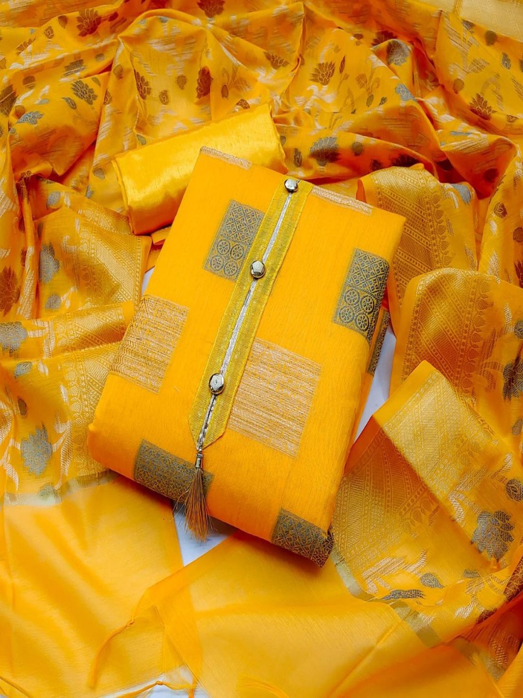 

A TO Z CART Geometric Printed Pure Silk Unstitched Dress Material, Mustard