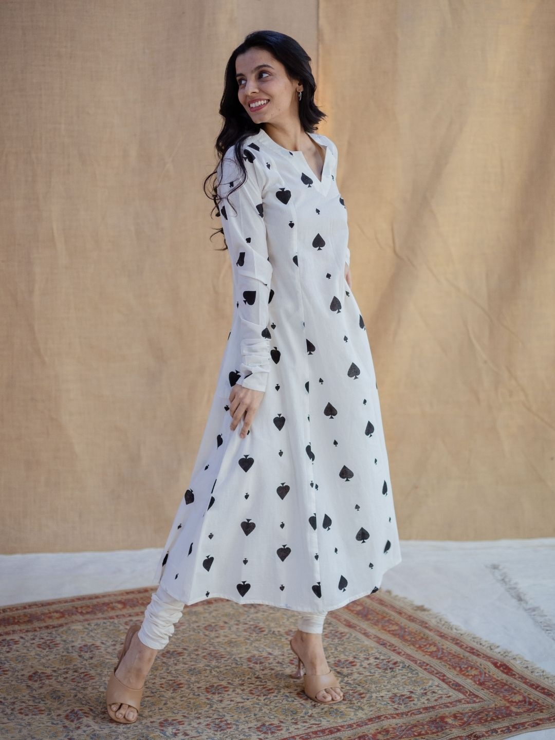 

THE INDIAN ETHNIC CO White A-Line Block Printed Cotton Kurta