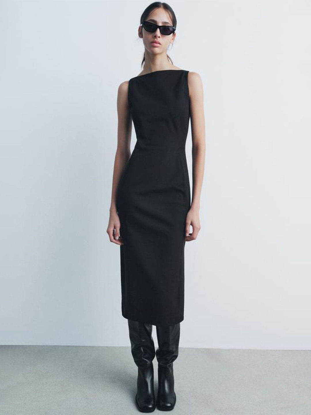 

LULU & SKY Women Boat Neck Back Slits Sheath Midi Dress, Black