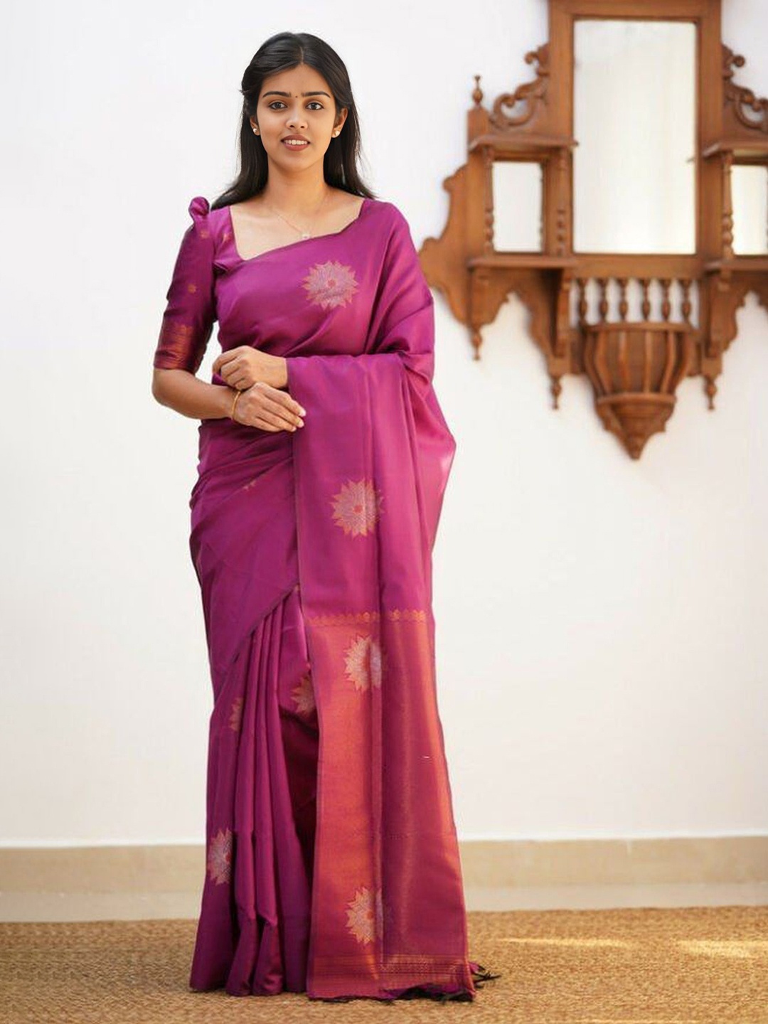 

Upalksh Ethnic Motifs Woven Design Zari Pure Cotton Banarasi Saree, Purple