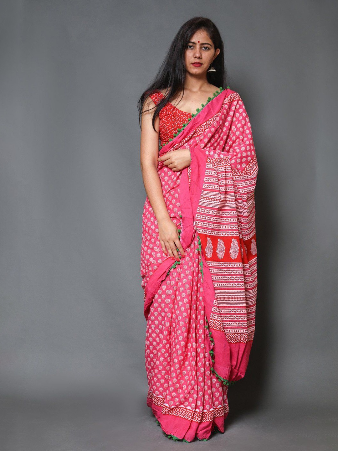 

Craft Musium Floral Pure Cotton Bagru Saree, Pink