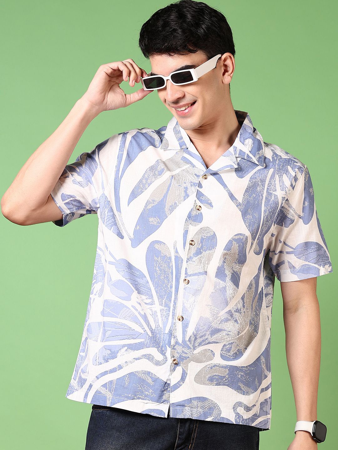 

V-Mart Men Cuban Collar Floral Printed Cotton Casual Shirt, White