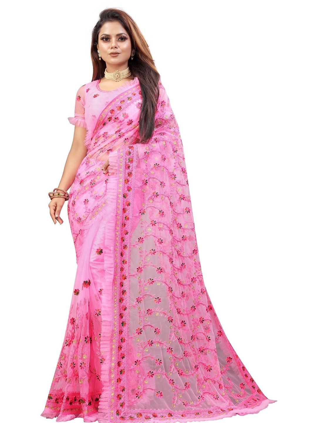 

Aika Embroidered Pure Chiffon Saree, Pink