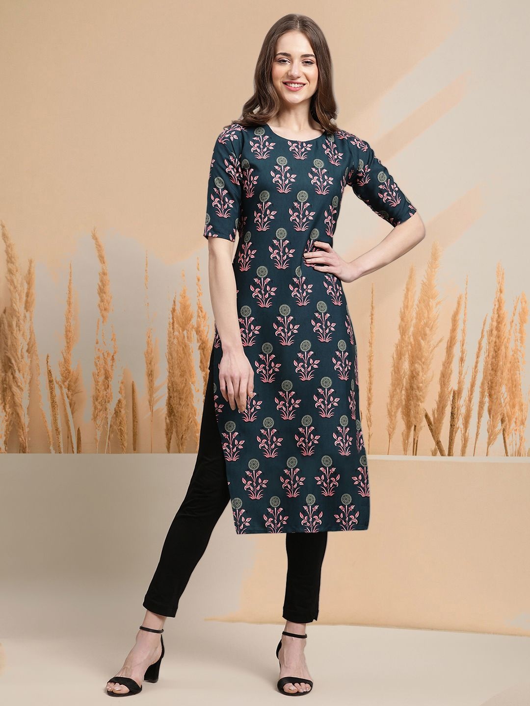 

7Threads Selection of 5 Floral Printed Round Neck Straight Kurtas, Black