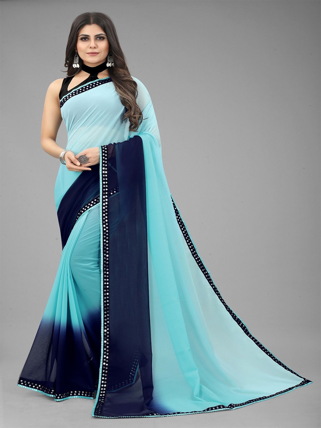 

Aika Colourblocked Sequinned Pure Chiffon Saree, Blue