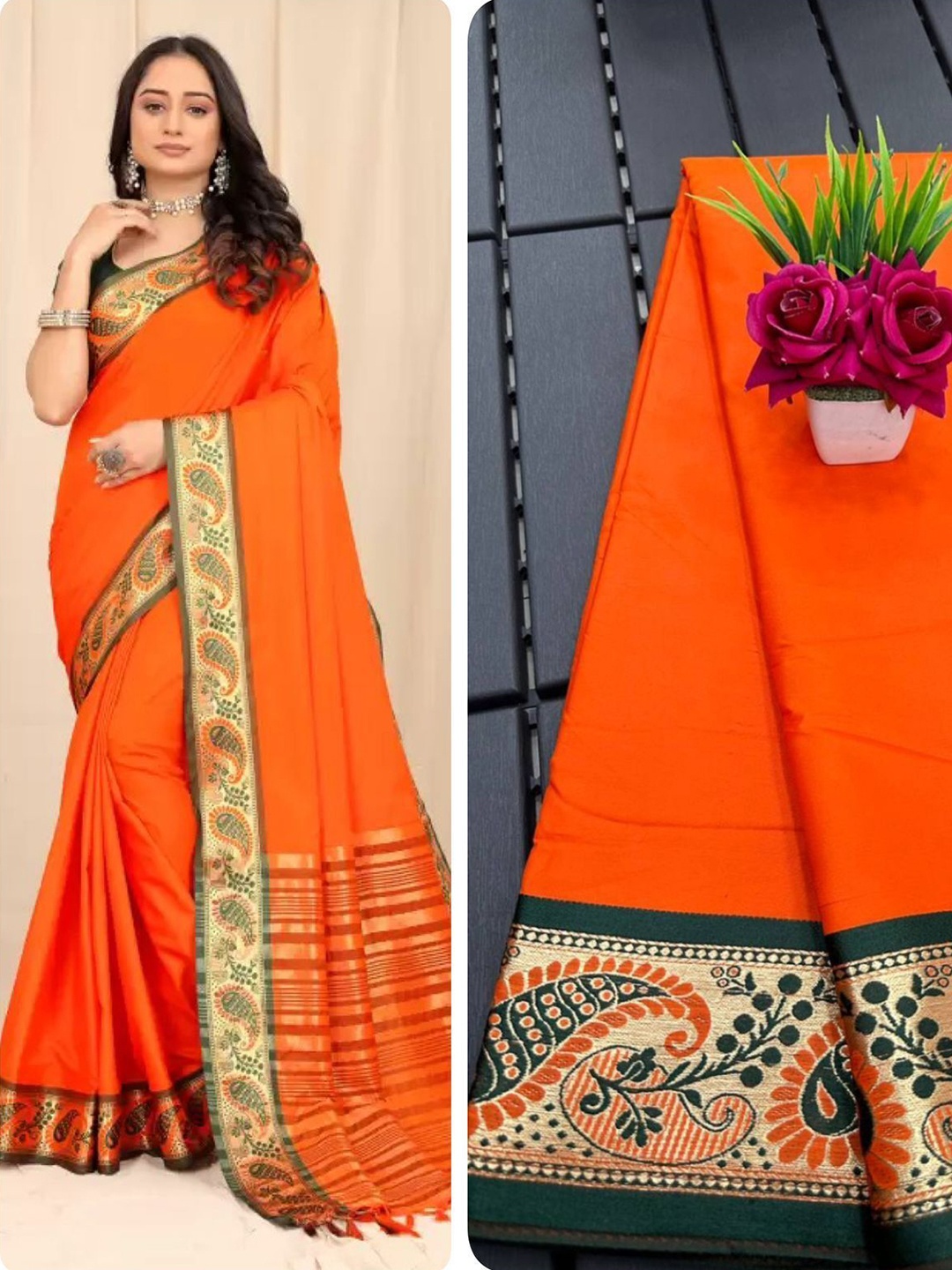 

Aika Zari Pure Silk Banarasi Saree, Orange