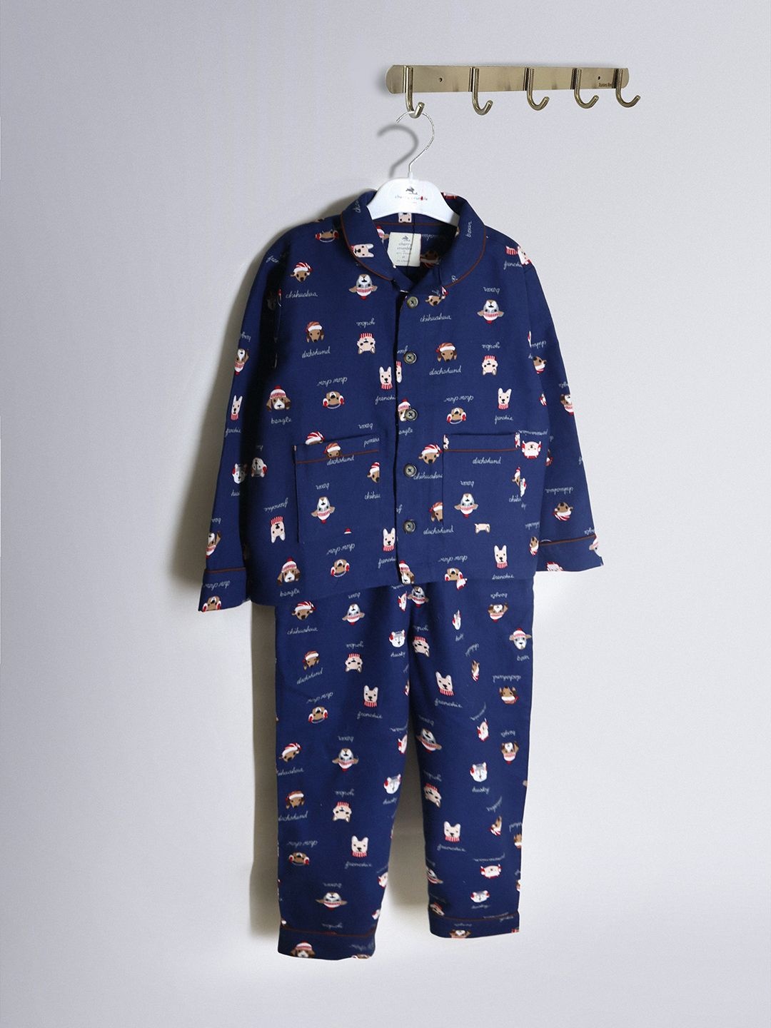 

Cherry Crumble Unisex Kids Printed Pure Cotton Shirt Collar Night suit, Navy blue