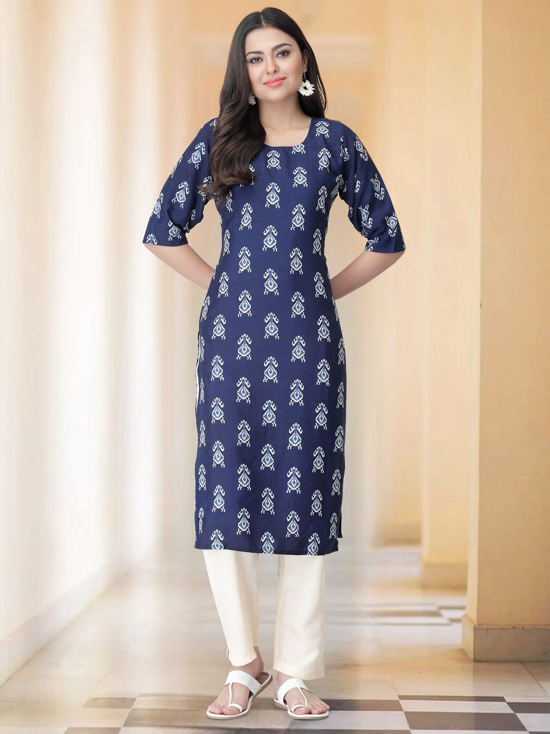 

7Threads Selection Of 2 Ethnic Motifs Printed Round Neck Straight kurta With Trousers, Navy blue