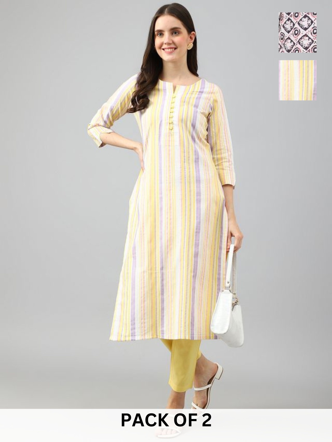 

KALINI Selection Of 2 Striped Notch Neck Straight Kurta With Trousers, Yellow