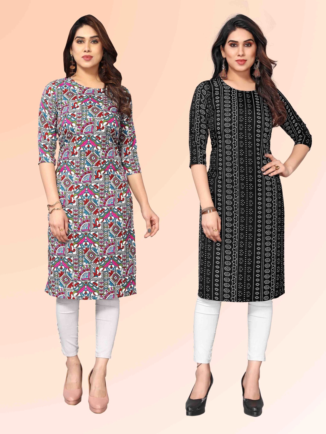 

KETAKI FASHION Selection Of 2 Ethnic Motifs Printed Round Neck Straight Kurta, White