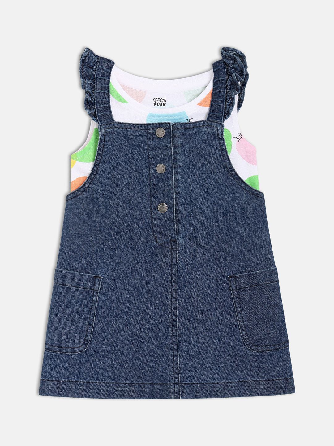 

MINI KLUB Girls Sleeveless Pure Cotton Denim Dungarees With T-Shirt, Blue