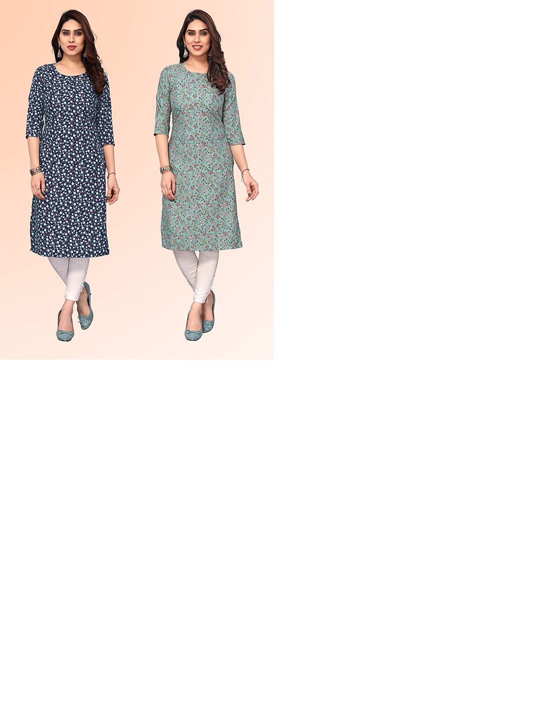 

KETAKI FASHION Selection Of 2 Floral Printed Round Neck Straight Kurtas, Navy blue