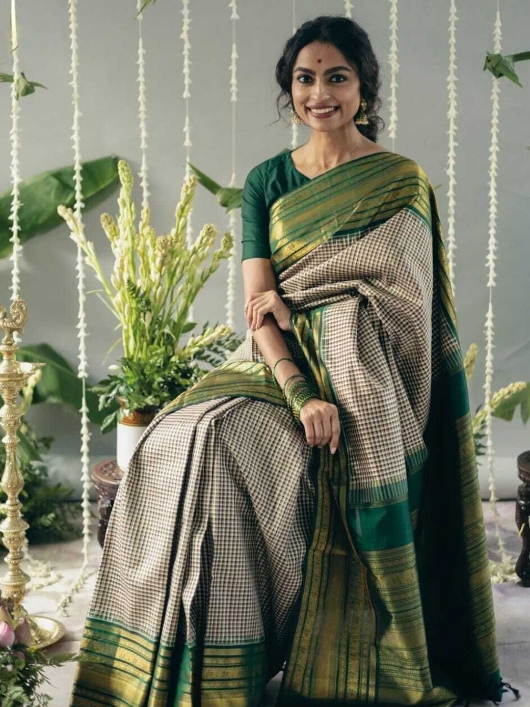 

Upalksh Checked Woven Design Zari Pure Cotton Kanjeevaram Saree, Beige