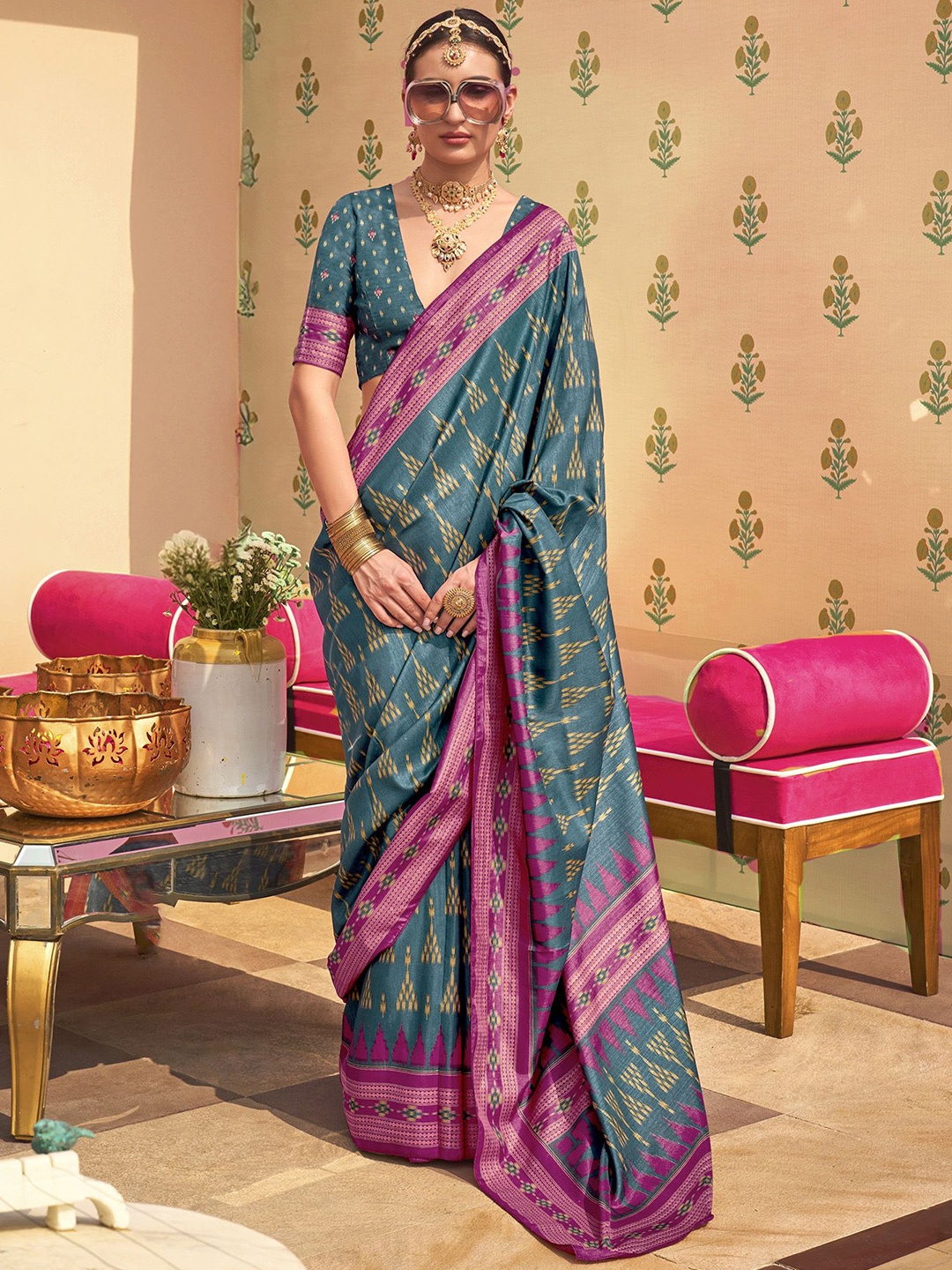 

elora Pure Sigma Printed Geometric Saree, Teal