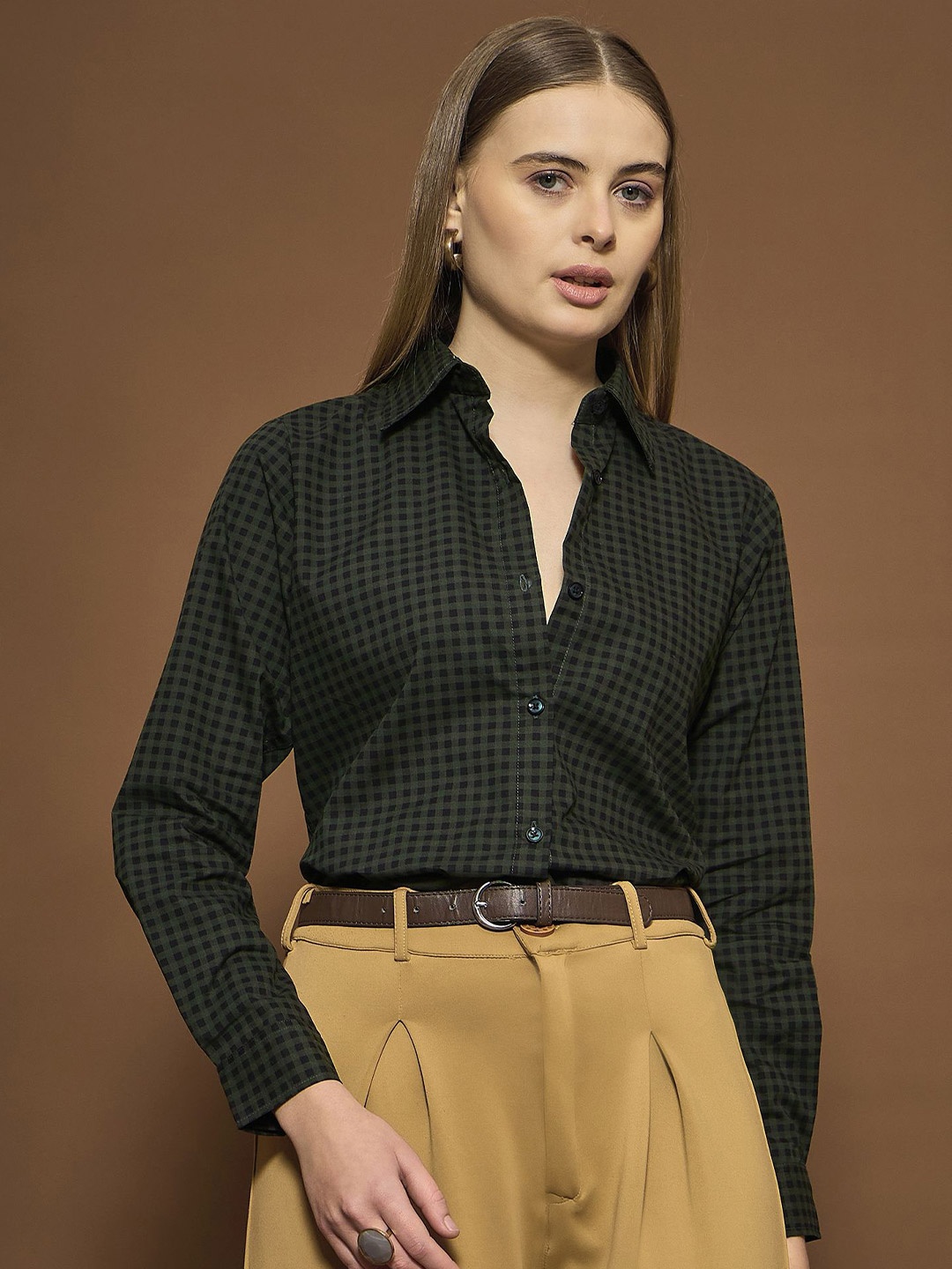 

The Roadster Lifestyle Co. Women Spread Collar Gingham Checked Cotton Casual Shirt, Olive