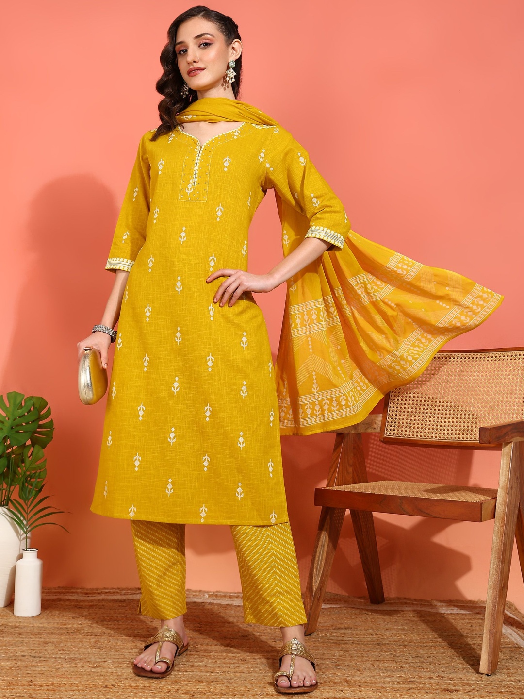 

YASH GALLERY Ethnic Motifs Notch Neck Sequinned Straight Kurta With Trouser And Dupatta, Mustard