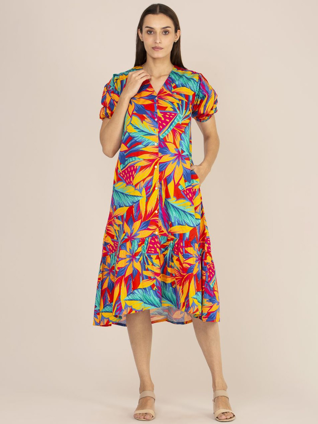 

AMSWAN Women Tropical Printed Puff Sleeves A-Line Midi Dress, Red