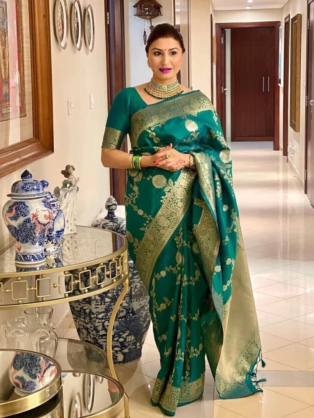 

Upalksh Woven Design Zari Pure Silk Kanjeevaram Saree, Green