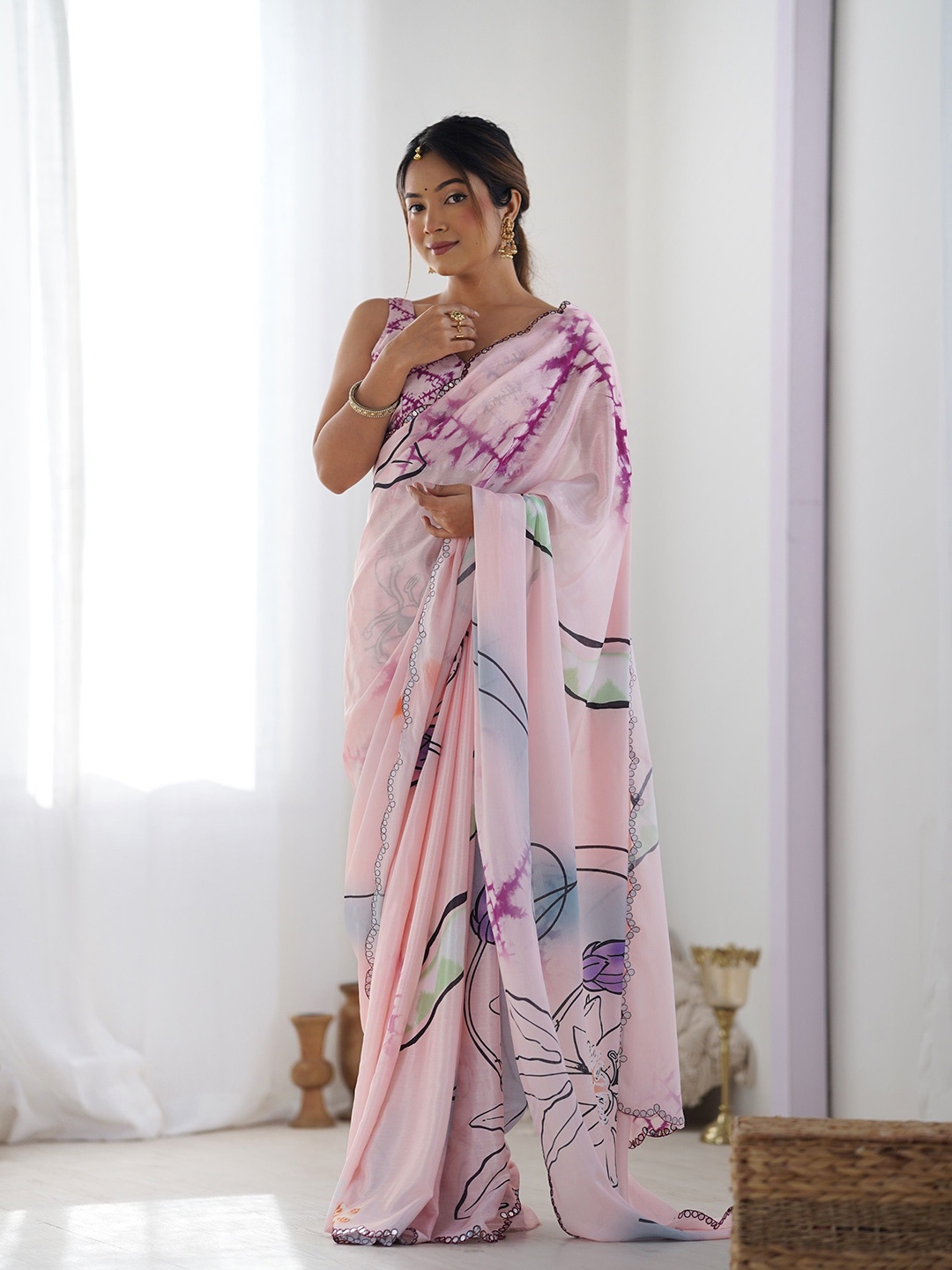 

Mitera Floral Printed Mirror Work Pure Chiffon Saree, Pink