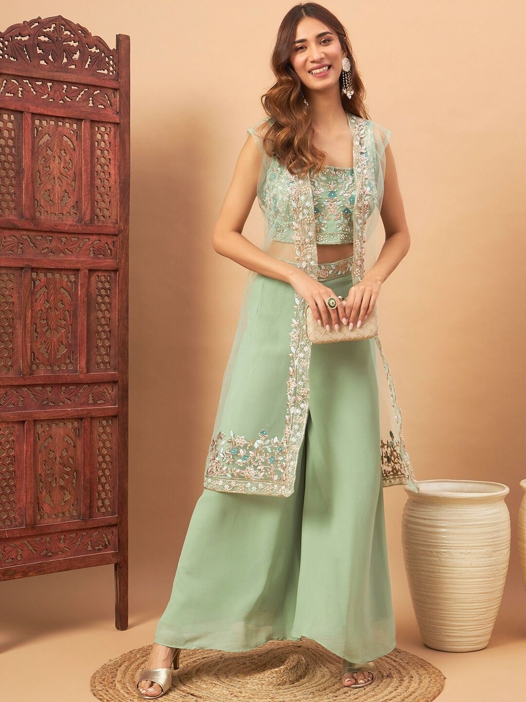 

Chhabra 555 Embellished Round Neck Crop-Top With Palazzo & Jacket, Sea green