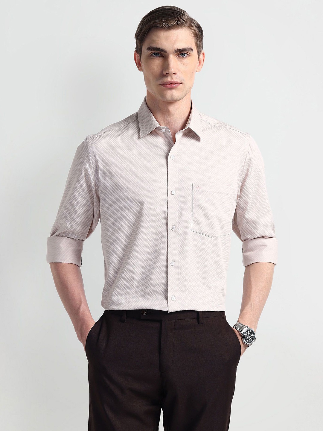 

Arrow Men Classic Slim Fit Spread Collar Micro Ditsy Printed Cotton Casual Shirt, Beige