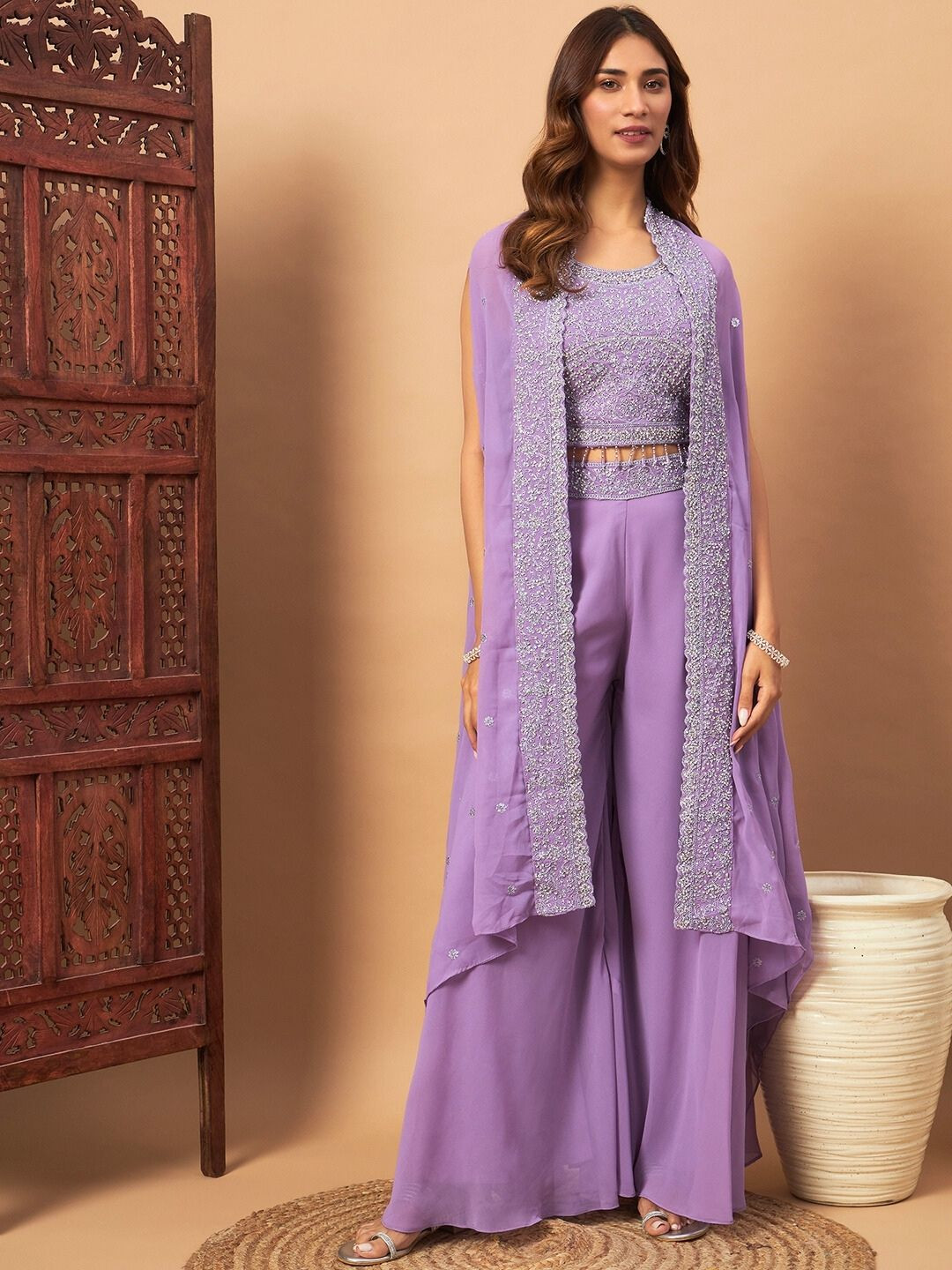 

Chhabra 555 Zircon Aari Embroidered Round Neck Georgette Crop Top & Palazzo With Shrug, Lavender