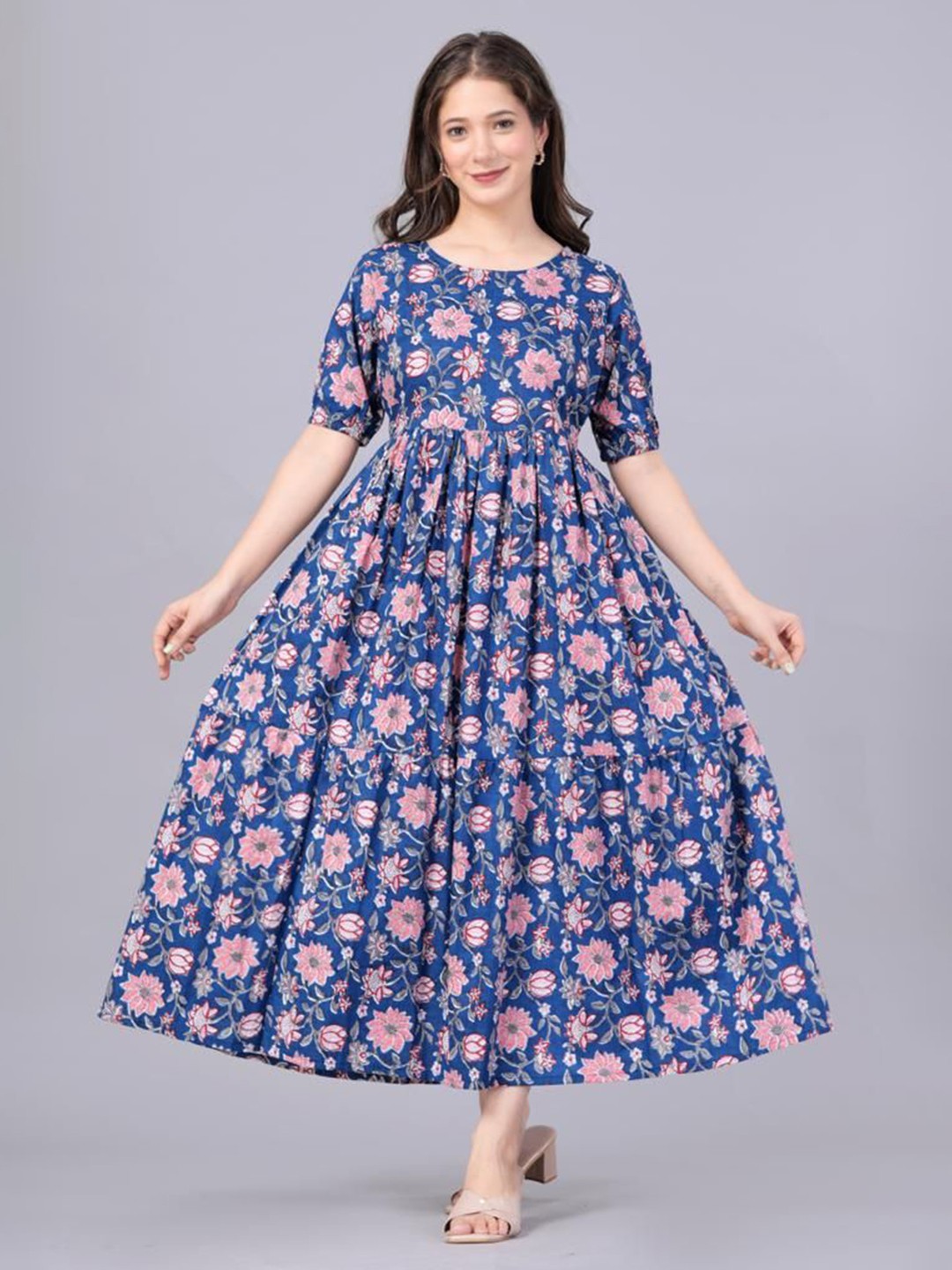 

Twirl Tales Women Floral Printed Puff Sleeve Cotton A-Line Midi Dress, Blue