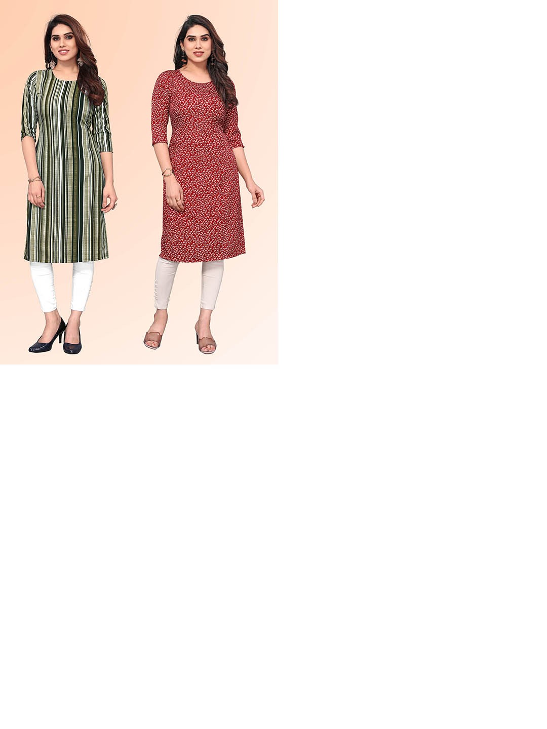 

KETAKI FASHION Selection of 2 Striped Round Neck Straight Kurtas, Green