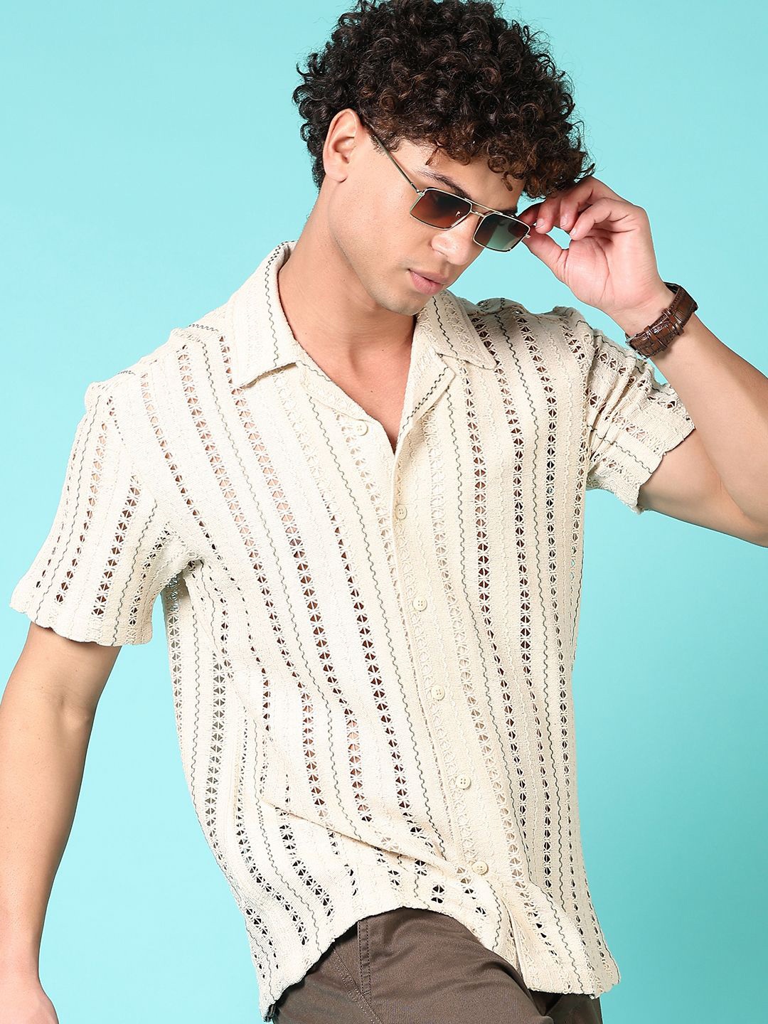 

V-Mart Men Spread Collar Textured Cotton Casual Shirt, Cream
