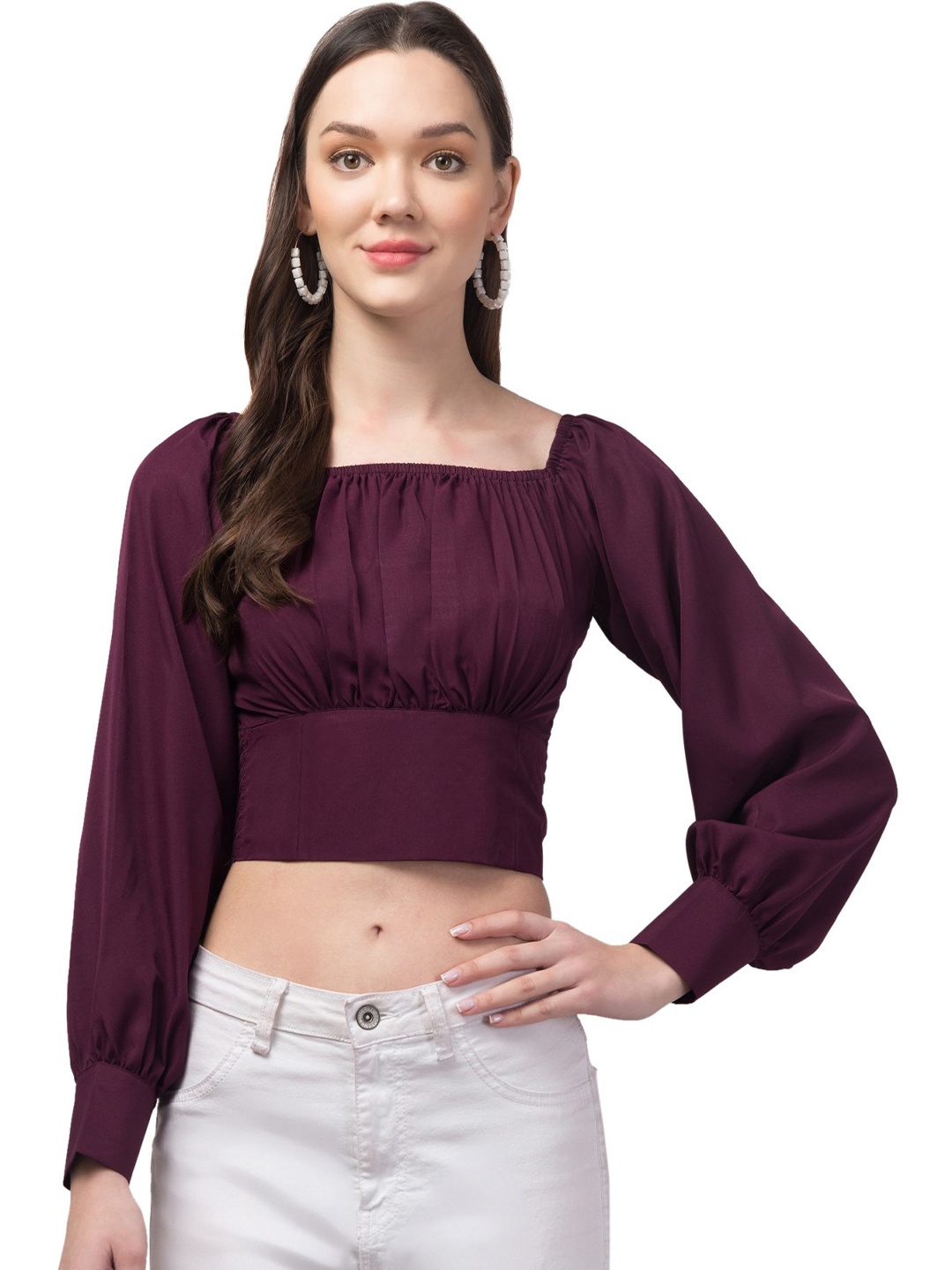 

CULPI Women Square Neck Cuffed Sleeves Bardot Top, Burgundy