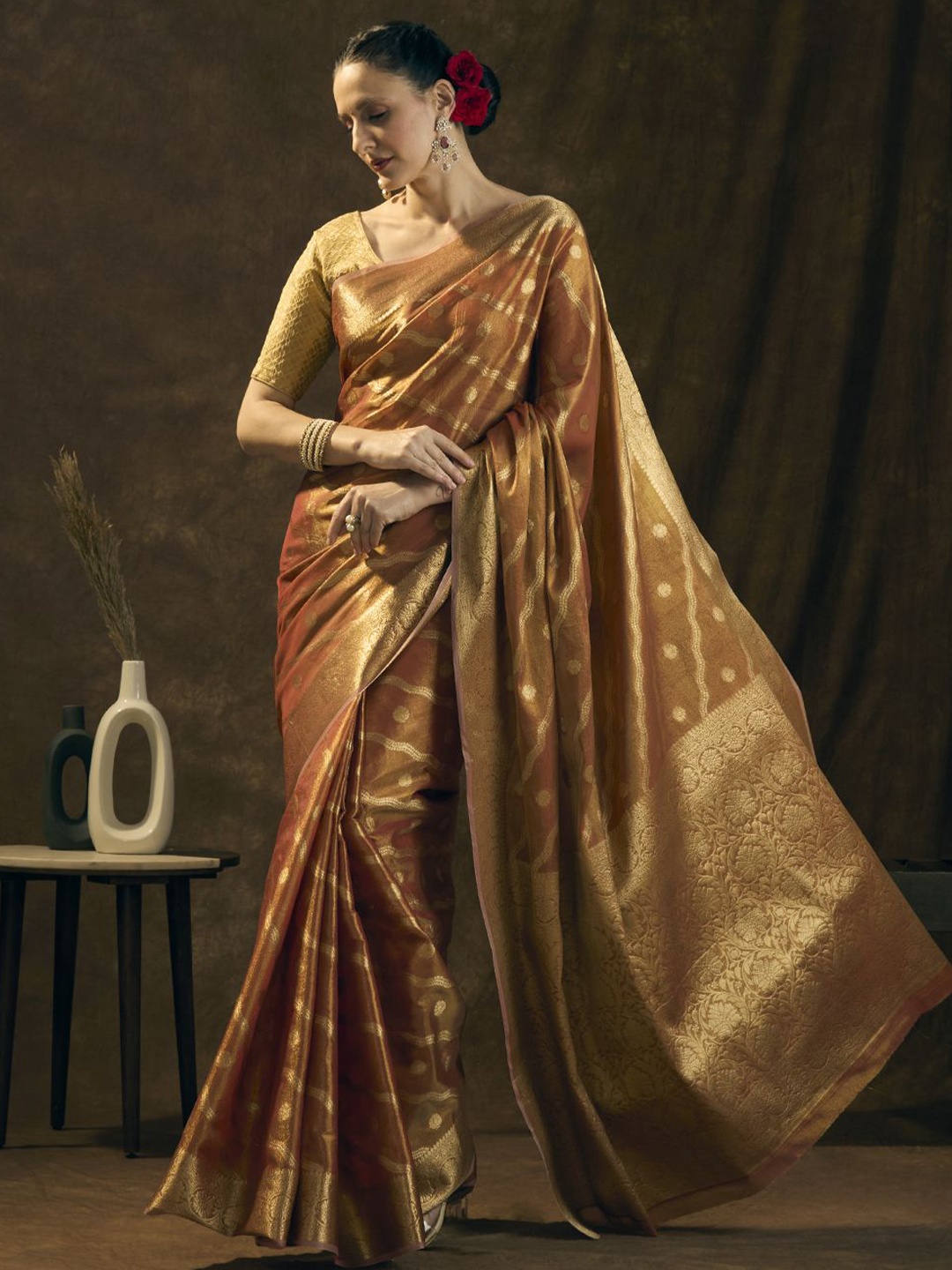 

JUST FASHION Woven Design Zari Tissue Banarasi Saree, Brown