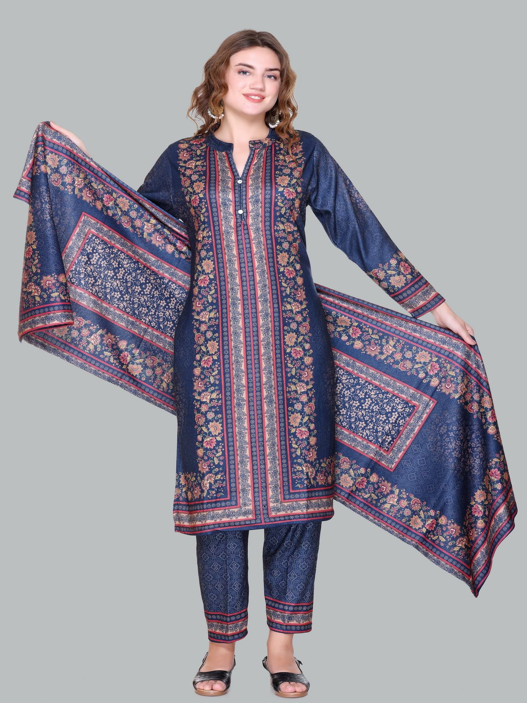 

Pink Berry Floral Printed Mandarin Collar Straight Kurta With Trousers And Dupatta, Blue