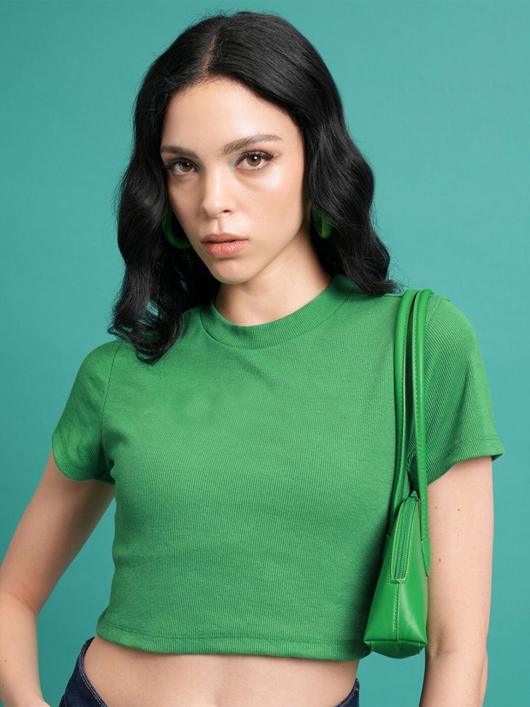 

sollobell Women Solid Cotton Crop T-shirt, Green