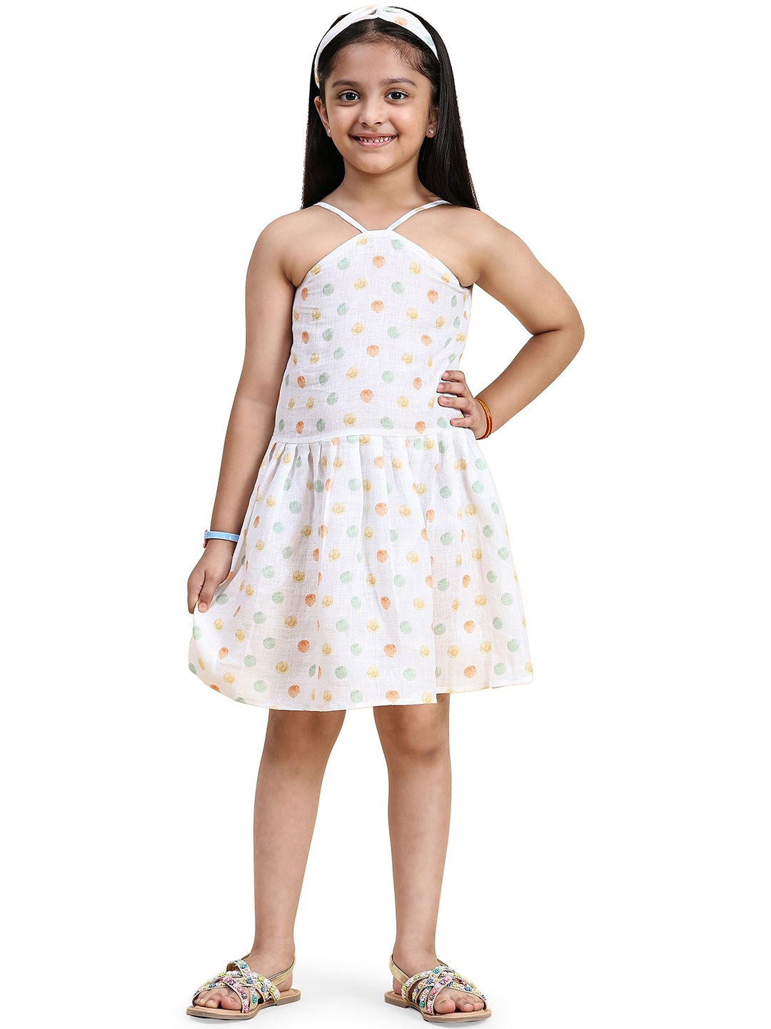 

Funny Bones Clothings Girls Printed Halter Neck Linen Fit and Flare Dress, White