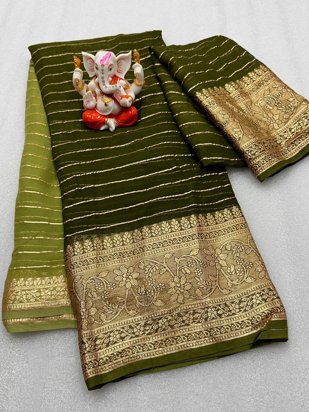 

PAYAL CREATION Woven Design Striped Zari Pure Georgette Saree, Green
