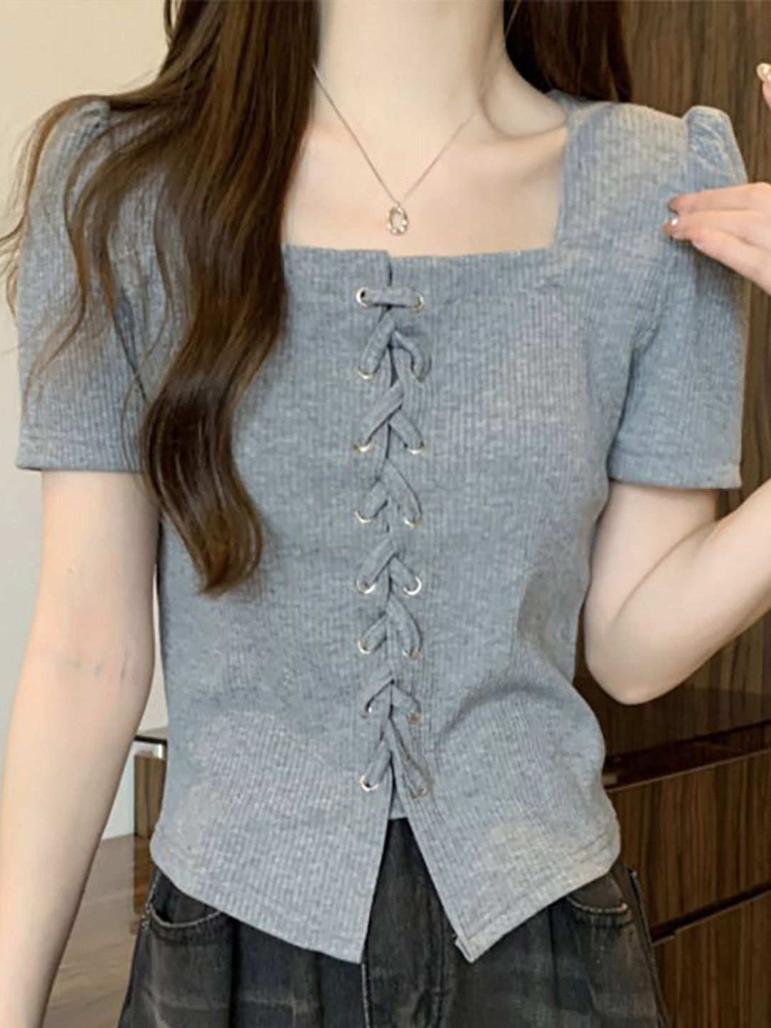 

StyleCast x Revolte Women Self Design Square Neck Top, Grey